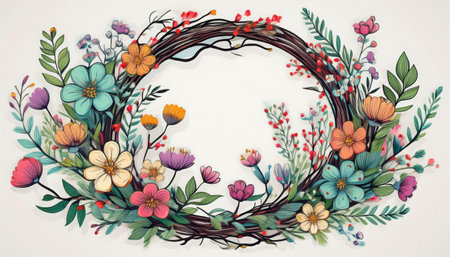 A vibrant array of flowers encircles a wooden wreath, celebrating springs lively essence.の素材