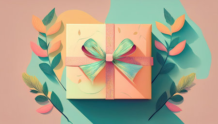 A lovely gift box is nestled among bright spring leaves, highlighting the seasons warmth.の素材