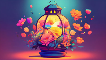 Colorful flowers burst from a lantern, symbolizing the energy and joy of springtime nature.の素材