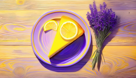 A lively dessert sits on a bright plate, accompanied by fresh lemon slices and fragrant lavender.の素材