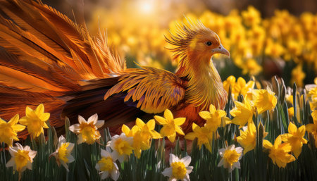 A colorful phoenix displays its feathers in a field of bright yellow daffodils at dawn.の素材