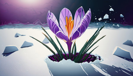 Crocus blooms from the snow, heralding the arrival of springs warmth and beauty.の素材