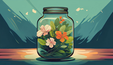 Colorful flowers and lush greenery thrive in a glass jar, celebrating the joy of springtime.の素材
