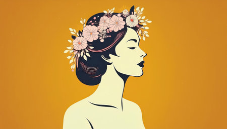 Delicate flowers form a crown atop a woman head, celebrating the joy of spring.の素材