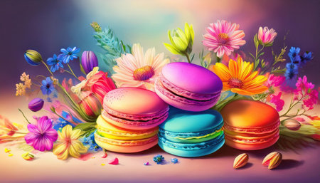 Colorful macarons are beautifully arranged with a lively bouquet of spring flowers in full bloom.の素材