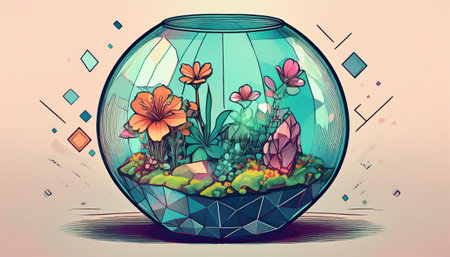 Lively florals and crystals thrive in an elegant geometric terrarium celebrating springs vitality.の素材