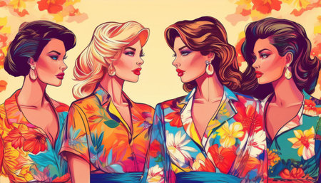 Four elegant women in colorful floral outfits chat lively under a spring sky.の素材