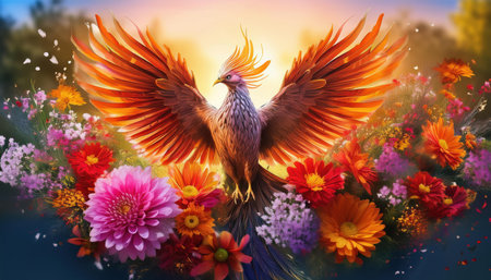 A magnificent phoenix takes flight surrounded by colorful spring blooms under a radiant sunset.の素材
