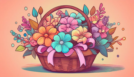 A vibrant collection of flowers in a woven basket celebrates the lively essence of spring.の素材