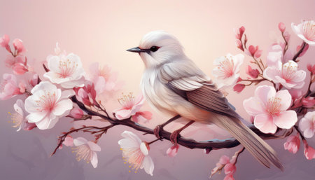 A serene moment unfolds as a lively bird rests among blooming cherry blossoms in springtime.の素材