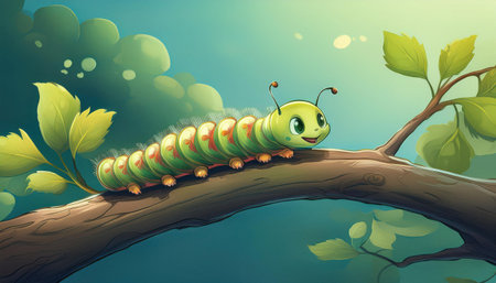A cheerful caterpillar explores a branch amid bright leaves in a lively spring scene.の素材