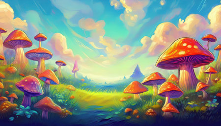 A vibrant array of mushrooms thrives in a lush landscape beneath a bright blue sky.の素材
