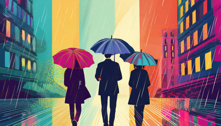 Three figures stroll in the spring rain, vibrant umbrellas in hand, near colorful buildings.の素材