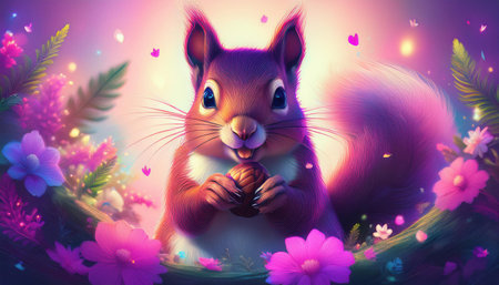 A cheerful squirrel holds an acorn while surrounded by blooming flowers under a bright spring sky.の素材