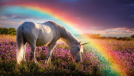A majestic unicorn grazes among blooming flowers as a colorful rainbow arcs overhead.の素材
