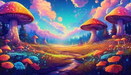 Lush landscape filled with giant mushrooms and vibrant flowers, bathed in warm spring lightの素材