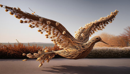 A charming bird made of twigs and flowers gracefully flies through a bright spring scene.の素材