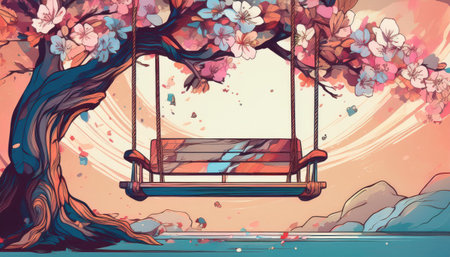 A charming swing hangs from a flower laden tree, surrounded by the lively hues of springtime.の素材