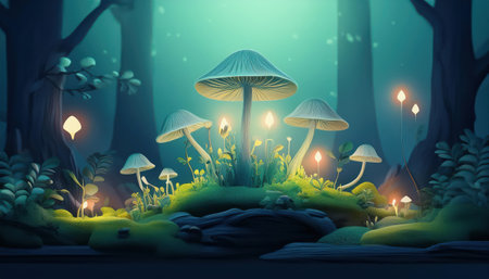 Mushrooms glow softly amid lush spring foliage in a serene forest.の素材