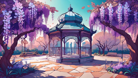 Lively flowers cascade from trees while a gazebo invites relaxation in a colorful spring park.の素材