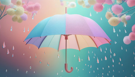 A vibrant pastel umbrella shines as joyful raindrops fall beneath fluffy clouds.の素材