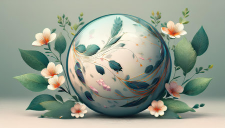 A colorful array of spring flowers and leaves encircles a globe, representing nature.の素材