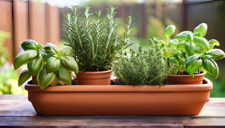 Potted herbs flourish in warm sunlight, signaling the joy of springtime renewal and growth.の素材