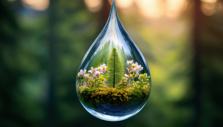 A delicate droplet holds vibrant greenery and blooming flowers, showcasing springs renewal.の素材