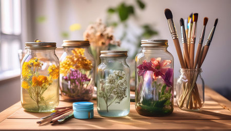 Spring brings life to this artistic workspace filled with vibrant flowers and art tools.の素材