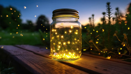 A jar filled with glowing fireflies sits on a wooden surface as twilight descends during spring.の素材