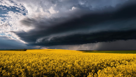 Golden fields bloom under dynamic spring skies filled with dramatic clouds.の素材