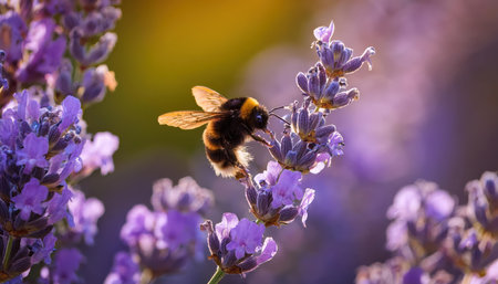 A bee gathers nectar from blooming lavender under vibrant spring sunlight.の素材