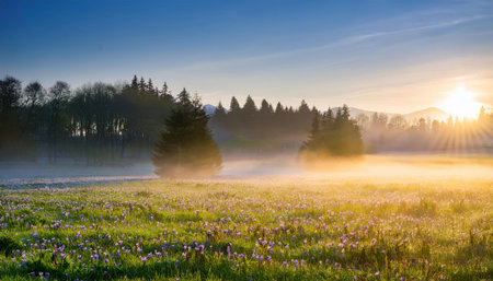 Calm sunlight breaks through a misty morning, illuminating vibrant flowers and lush greenery.の素材