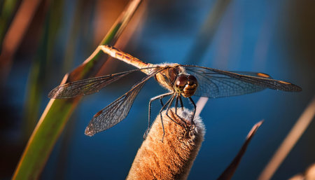 A dragonfly perches on a soft stem, surrounded by lush greenery under a clear sky.の素材