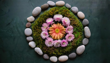 Vibrant flowers and smooth stones form a stunning circular pattern, embodying springtime joy.の素材