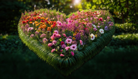 Colorful flowers blossom in a heart shape, symbolizing love and joy in the spring season.の素材