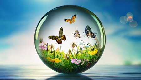 Beautiful butterflies gracefully flutter above blooming flowers in a serene spring setting.の素材