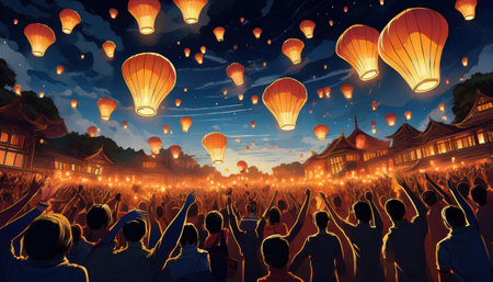Celebrating summer nights with lanterns illuminating the joyful gathering.の素材