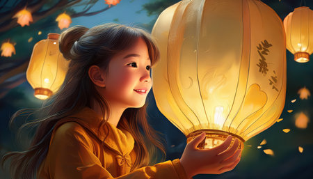 Magical summer night under glowing lanterns with a joyful girl.の素材