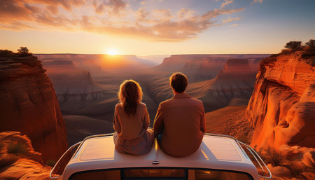Enchanting summer sunset at the canyon with a couple enjoying natures beauty.の素材