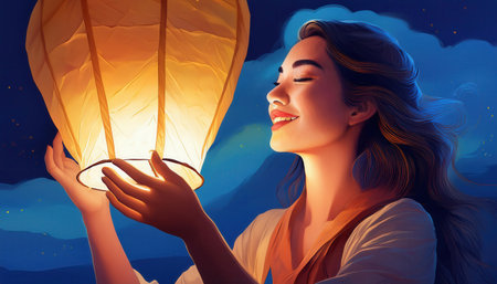 Embracing the warmth of summer nights with lanterns and joyfulness in the air.の素材