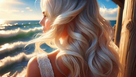 Beauty by the sea enjoys warm summer waves and golden sunset colors.の素材