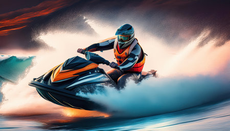 Experience excitement on a jet ski during the vibrant summer season at the beach.の素材