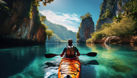 Explore beautiful waters during the vibrant summer season on a kayaking adventure.の素材