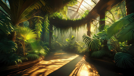 Explore the vibrant beauty of a lush summer oasis filled with greenery and warmth.の素材