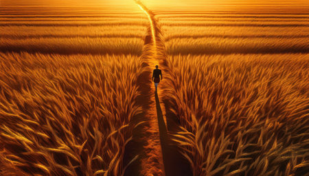 Golden fields stretch beneath a warm summer sunset capturing serenity and solitude.の素材