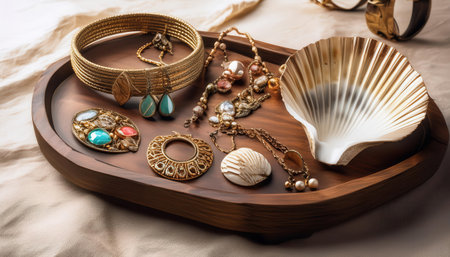 Summer jewelry collection displayed on a wooden tray with elegant seashell accents.の素材