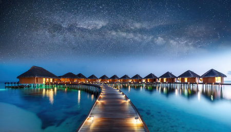 Explore a tranquil summer evening at an overwater resort under a starlit sky.の素材