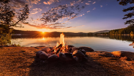 Sunset campfire reflecting on the tranquil lake during a serene summer evening.の素材