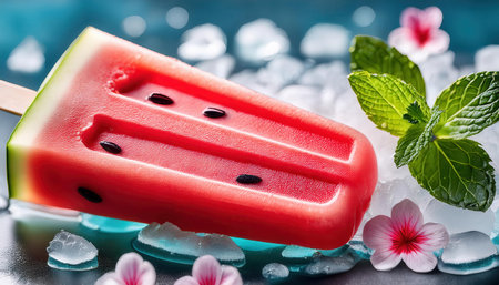 Refreshing watermelon popsicle with mint and flower accents during summer days.の素材